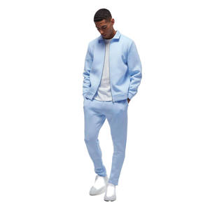 Ensemble de survêtement pour homme, veste à col zippé bleu clair uni et pantalon de jogging assorti, vêtements en gros OEM ODM - Product Image 1