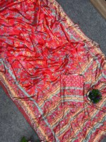 Sari de seda Chinon de diseñador TENNECY con borde de ribete, borlas Latkan, auténtico trabajo de espejo, reversible, sin arrugas, largo hasta el tobillo, para fiesta