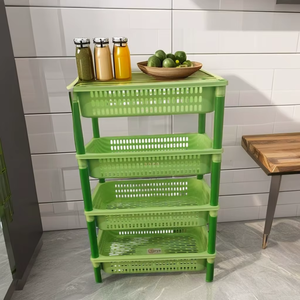 Étagère de rangement multifonctionnelle à roulettes en plastique rectangulaire à 4 niveaux, empilable, pour la salle de bain, la cuisine, le bureau, rose, jaune - Product Image 2