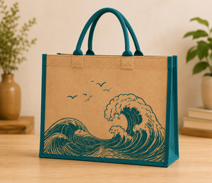Sac de courses en jute grande taille à motif ondulé avec poignée d'épaule - Product Image 3