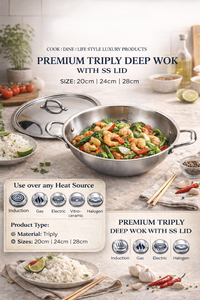 PREMIUM TRIPLEY DEEP <b>WOK</b> (Kadai) WITH StaiNless Steel <b>LID</b> - Product Image 2