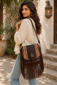 Bolso de mano de cuero genuino de alta calidad con flecos, tallado a mano, estilo gitano bohemio a cuadros, hecho a mano, de cuero auténtico, estilo western, multiusos. - Product Image 6