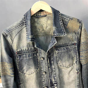 Veste en jean délavé pour homme, design patchwork, col rabattu, coupe classique, style décontracté automne, coton tissé - Product Image 3