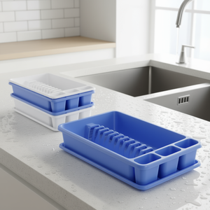 Scolapiatti in plastica bianco e blu rettangolare con vassoio di drenaggio e porta posate per lavello da cucina - Product Image 3