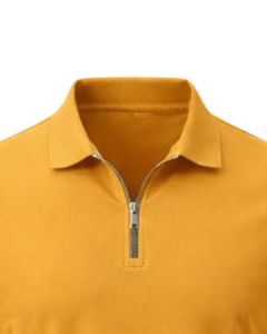 เสื้อโปโลผู้ชายสีเหลืองมัสตาร์ด ผ้าฝ้าย คอปกซิปครึ่งตัว ทรงเข้ารูป แขนสั้น สวมใส่สบายๆ ในฤดูร้อน ผู้ผลิต OEM จำหน่ายส่ง - Product Image 5