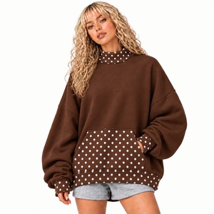 Women Mockneck <b>Sweat</b> <b>Top</b> Polka Dot Collar Design Polka Dot Bottom Cuff Detail Relaxed Oversized Fit Modern Long Sleeve Apparel - Product Image 3