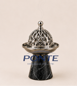 Quemador de incienso de mármol natural de lujo con tapa de metal plateado, incensario árabe moderno hecho a mano para fragancia del hogar con Oud. - Product Image 1