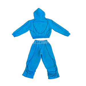 Conjunto Deportivo Unisex Azul, Sudadera con Capucha y Cierre Completo, Pantalones Deportivos, Color Sólido, Estilo Casual Holgado, Ropa Deportiva Urbana - Product Image 2