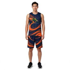 Ensemble d'uniformes de basketball pour hommes NEXTEX, imprimé tourbillon bleu marine et orange, maillot sans manches et short en polyester respirant, personnalisable - Product Image 1
