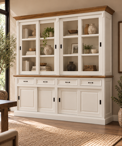 Armario Moderno Estilo Farmhouse Blanco con Puertas de Madera Sólida, 4 Cajones, Puertas con Bisagras, Manijas Metálicas, Gabinete de Almacenamiento Resistente para Dormitorio - Product Image 1