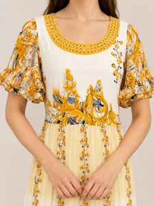 Wholesale Comfortable Yellow Color Floral Print Western Dress Round Neck <b>Mirror</b> Work Flutter Sleeve High Waist Women's Wear - Product Image 6