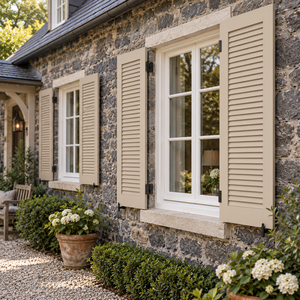 Volets extérieurs horizontaux en bois massif beige à lamelles fixes 15x36 pouces, tailles personnalisées, écologiques, style européen traditionnel - Product Image 4