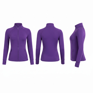 Veste de yoga pour femme avec trou pour le pouce, en spandex et polyester, veste de base, col montant, fermeture éclair fine, respirante, pour l'entraînement - Product Image 6