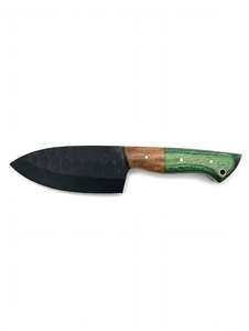 Couteau de chef artisanal en acier noir, manche en bois vert bicolore, outil de préparation culinaire - Product Image 5