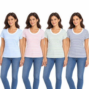 T-shirt en coton pour femme 100% coton 200 GSM rayé à manches courtes col rond décontracté pour l'été Vente en gros - Product Image 3