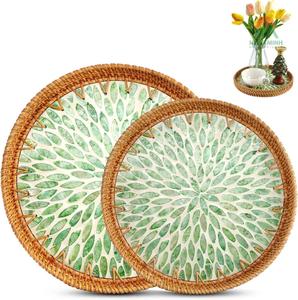 2 plateaux ronds en rotin avec incrustation de nacre, plateaux de service avec base en bois, panier en osier tressé pour cuisine et table basse - Product Image 1