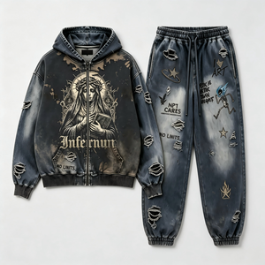 Ensemble de survêtement 2 pièces style punk pour homme, sweat à capuche zippé et pantalon de jogging, imprimé délavé et vieilli, coupe ample - Product Image 1
