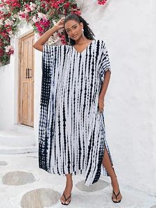 V-Neck Tie Dye Striped Maxi Dress Cap Sleeve Loose Boho <b>Summer</b> Casual <b>Kaftan</b> With Pockets Asymmetrical Hem - Product Image 6