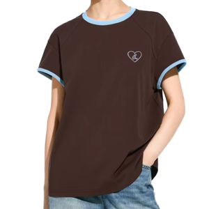 Women's Brown Cotton T-Shirt With Blue Trim And Heart Embroidery Casual Loose Fit Crew Neck Short Sleeve Knitted Top - Product Image 5