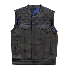 Chaleco de Cuero a Cuadros Azul para Hombre, Estilo Club, con Cierre Frontal, Calidad Premium, para Motociclismo y Moda - Product Image 1