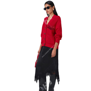 Premium Women's Crew Neck Ribbed Knit <b>Cardigan</b> <b>Sweater</b> Cherry Red Button-Up Winter Casual Soft Hand Feel Custom-Weight Fabric - Product Image 5
