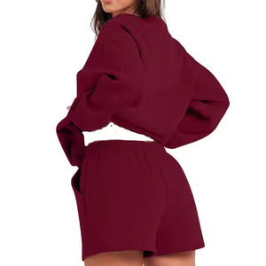 Ensemble 2 pièces pour femmes, couleur unie, tricoté, manches longues, col rond, sweat-shirt et short, coupe ample, décontracté, printemps-été - Product Image 6