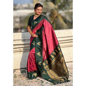 Sari traditionnel indien du sud en soie douce, tissé Zari, rose corail, avec contraste Tilak, vêtements pakistanais de la marque Elite Weaves - Product Image 2