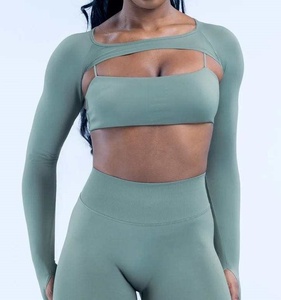 Women Quick Dry Breathable Yoga <b>Set</b> Lightweight Seamless Yoga <b>Set</b> 2- Piece <b>Long</b> <b>Sleeve</b> Sports Bra <b>Set</b> <b>Gym</b> Running Fitness <b>Set</b> - Product Image 2