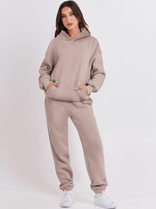 Women Hooded Tracksuit Cotton Fleece Loose Fit Solid Color Casual <b>Jogger</b> <b>Set</b> With Side Pockets Autumn Wear - Product Image 3