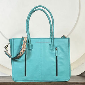 Sacs à main en cuir de fourrure turquoise de qualité supérieure, style vintage, grande capacité, sacs fourre-tout pour femmes avec pierres et franges - Product Image 5