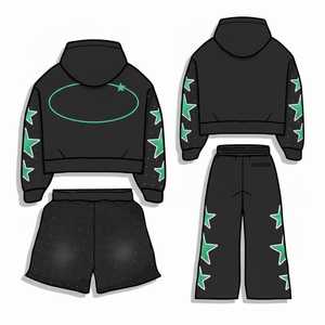 Printed Patch Hooded <b>Tracksuit</b> Set Streetwear Unisex <b>Couple</b> Hoodie and Shorts Set - Product Image 2