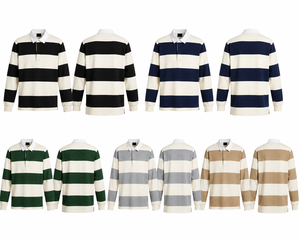 Polo à manches longues rayé imprimé sur mesure, vêtements décontractés pour hommes, style rugby, coton mélangé, streetwear, polo tendance pour hommes - Product Image 2