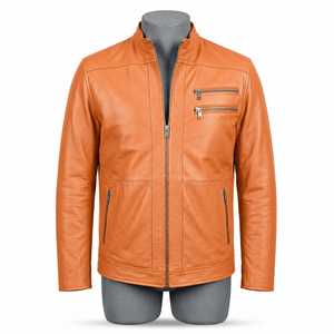 Chaqueta de Motociclista de Cuero Vacuno Naranja para Hombre, Cuello Alto, Cierre de Cremallera, Manga Regular, Estilo Biker Otoñal, Color Sólido, Alta Calidad - Product Image 1
