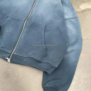 Custom Lightweight French Terry Cotton Cut <b>Raw</b> Hem Cropped Vintage Acid Wash Sun Faded Blank Zip Up Baggy Hoodie - Product Image 5