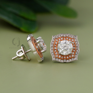 Boucles d'oreilles en or bicolore 14 carats avec diamant de laboratoire rond de 2,17 carats, double halo, style coussin vintage, EF VVS, bijoux fins, anniversaire - Product Image 2