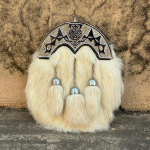 Custom Handmade Men's Scottish White Fur Sporran - Genuine Leather Kilt Sporran with <b>Chain</b> <b>Belt</b> - Product Image 1