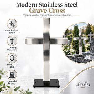Croix funéraire moderne en acier inoxydable sur pied, design personnalisé, avec base métallique pour cimetière, <span class=keywords><strong>pierre</strong></span> <span class=keywords><strong>tombale</strong></span>, commémoration, vente en gros - Product Image 1