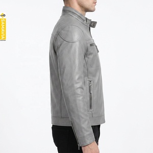 SAMAVIA <b>Men's</b> PU <b>Leather</b> Canvas Moto <b>Jacket</b> Stand Collar Zipper Closure Gray Slim Fit Biker Style Autumn Wear Quick Dry - Product Image 4