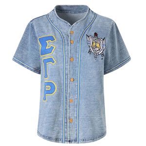 เสื้อเบสบอลยีนส์ Sigma Gamma Rho SGRho แบบติดกระดุม สีน้ำเงินทอง เสื้อผ้ากรีกพรีเมียม สำหรับผู้หญิงและผู้ชาย - Product Image 1