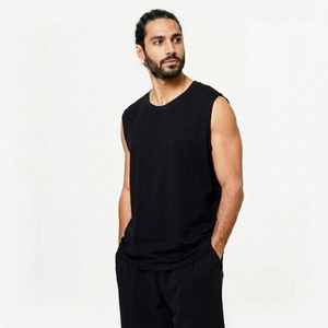 Men's <b>Black</b> Sleeveless <b>Tank</b> <b>Top</b> O-Neck Solid Color Casual Wear <b>Knitted</b> Fabric - Product Image 1