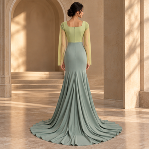 Vestido de noche formal color verde salvia amarillo, cuello cuadrado, manga corta, mangas largas transparentes |   Vestido entallado con vuelo y cola hasta el suelo - Product Image 4