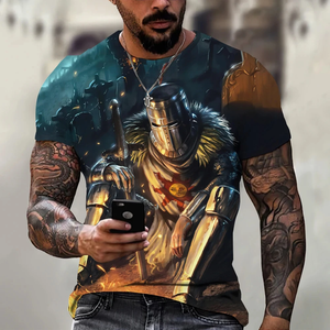 T-shirt sportif vintage à manches courtes en tricot uni pour homme, imprimé numérique Templier, style streetwear Harajuku, collection été - Product Image 5