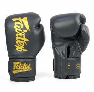Nouveaux gants de boxe Fairtex en PU gris 14 oz avec fermeture auto-agrippante réglable, doigts entièrement couverts, légers, pour entraînement de Muay Thai, avec sangle de poignet - Product Image 1
