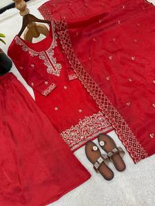 <b>Red</b> <b>Silk</b> Embroidered Palazzo Set Women Indian Pakistani Outfit Kurta Dupatta Wedding Party Wear - Product Image 4