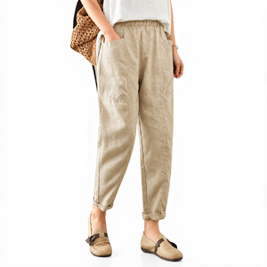 Women's Casual Linen Custom Made High Durable Breathable Harem Trouser Elastic Waist <b>Flat</b> Front Pocket Style Summer ODM Latest - Product Image 5