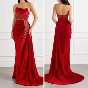 Vestido de Noche Largo de Satén Rojo de Lujo sin Tirantes con Adornos de Cristal, Vestido de Fiesta Recto de Diseñador Personalizado, Elegante y Formal - Product Image 2