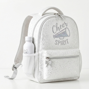 Sac à dos personnalisé blanc argenté à paillettes avec mégaphone, nœud et fermeture éclair, broderie de logo de groupe en gros, OEM - Product Image 2