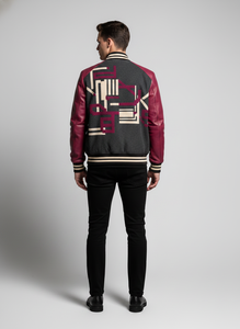 Veste de sport en laine et cuir sur mesure pour homme - Charbon, Magenta et Crème - Broderie en chenille - Product Image 5