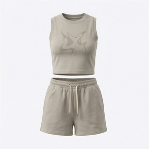Conjunto de 2 Piezas para Mujer, Top Corto sin Mangas de Punto de Color Sólido y Pantalones Cortos por Encima de la Rodilla, Cuello Redondo, Ropa Deportiva Informal para Primavera/Verano - Product Image 1