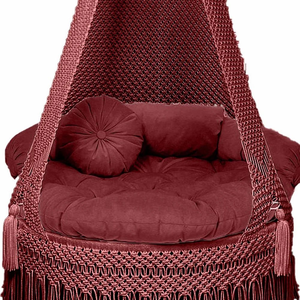 Fauteuil suspendu en macramé marron de 72 pouces avec coussin en velours, pompons et corde pour intérieur, extérieur, jardin, chambre - Product Image 4